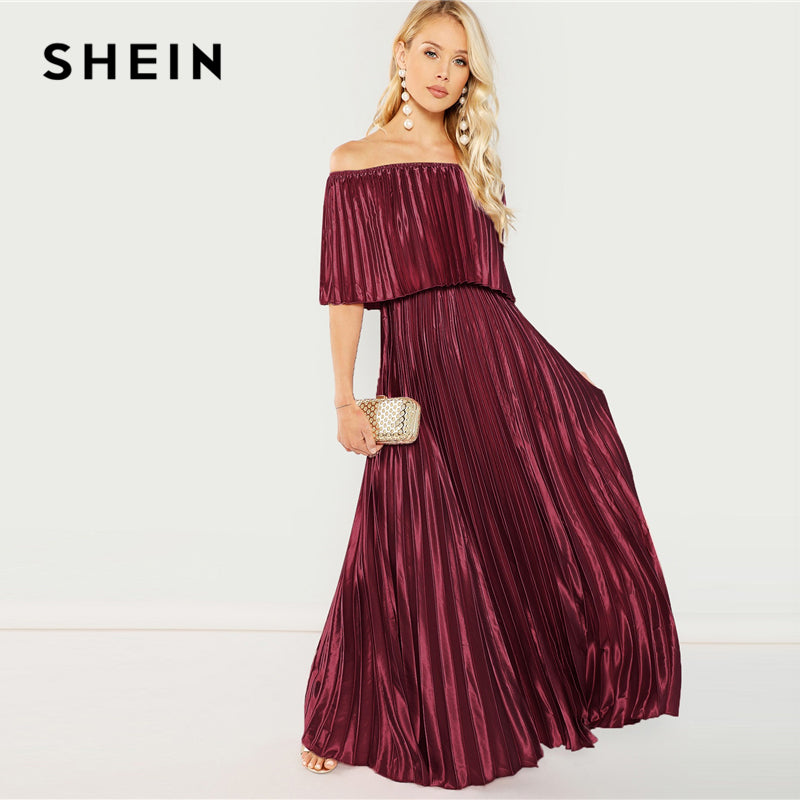 SHEIN Burgundy Flounce Foldover Front Off Shoulder Pleated A Line Soli – ebuywebsite-womenshop